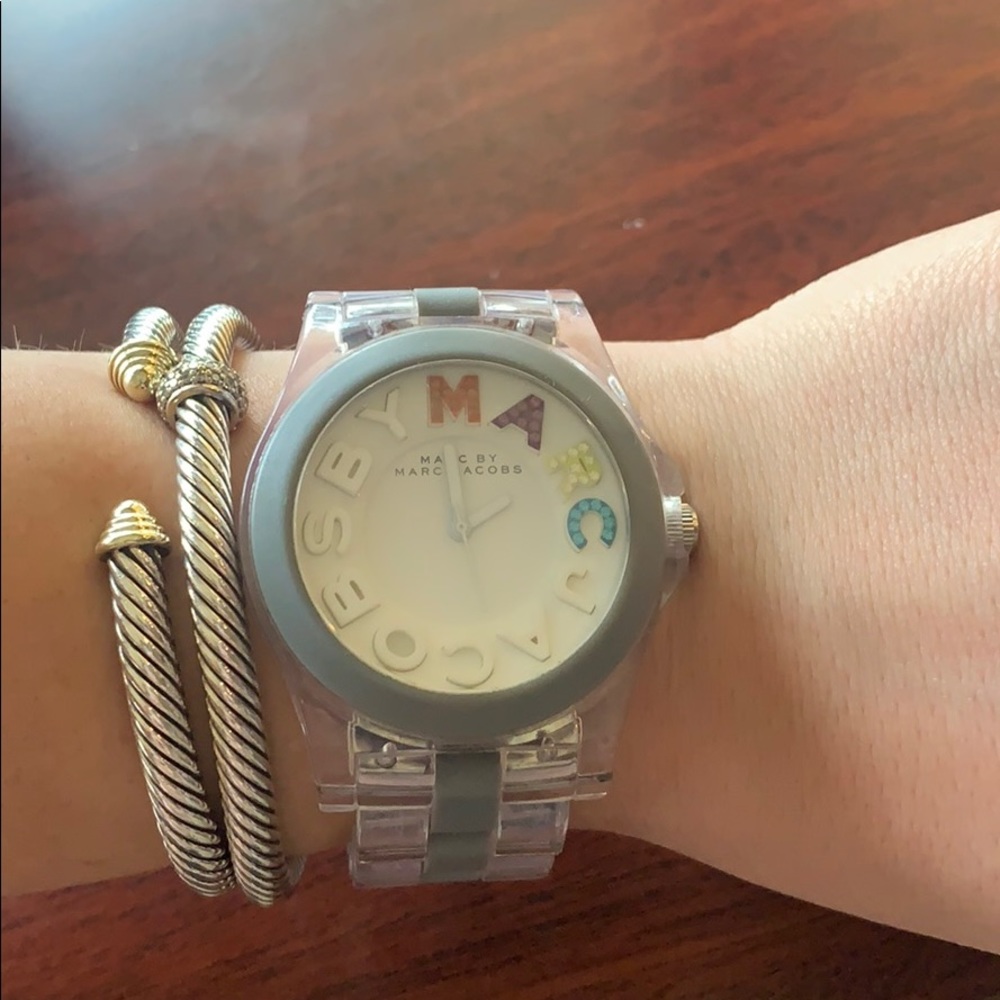 Marc Jacobs clear watch with color logo